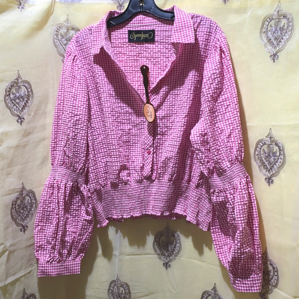 NWT SPOON JEANS FUCHSIA/WHITE CHECKERED BALLOON SLEEVE TOP SZ 3X